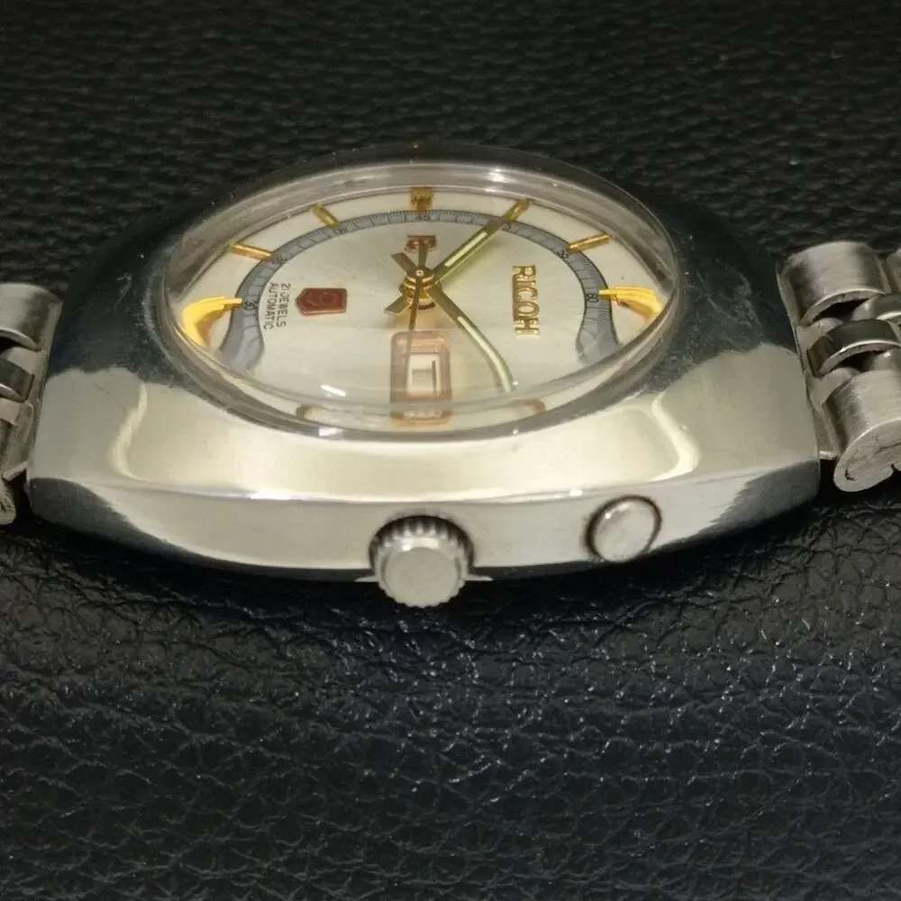 Vintage 1988 Ricoh Automatic Mens Silver Watch W/daydate & Gold accents